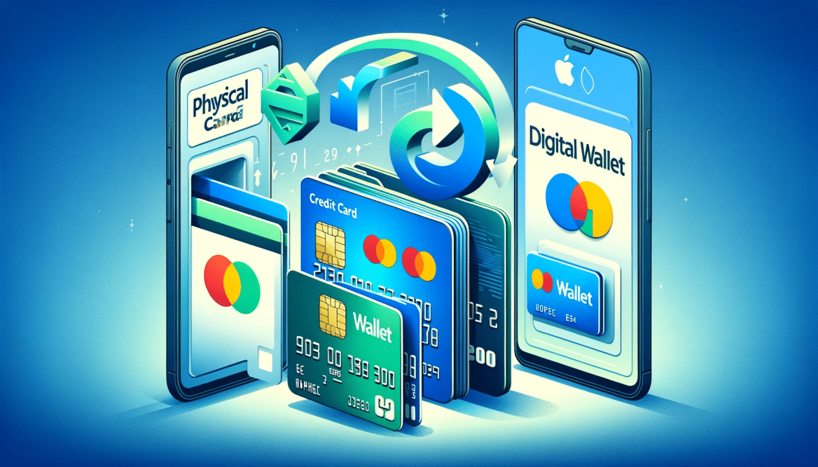 DALL·E 2023 11 27 15.30.05 A wide image depicting the concept of converting physical card numbers into digital wallet formats suitable for a website section. The image should i